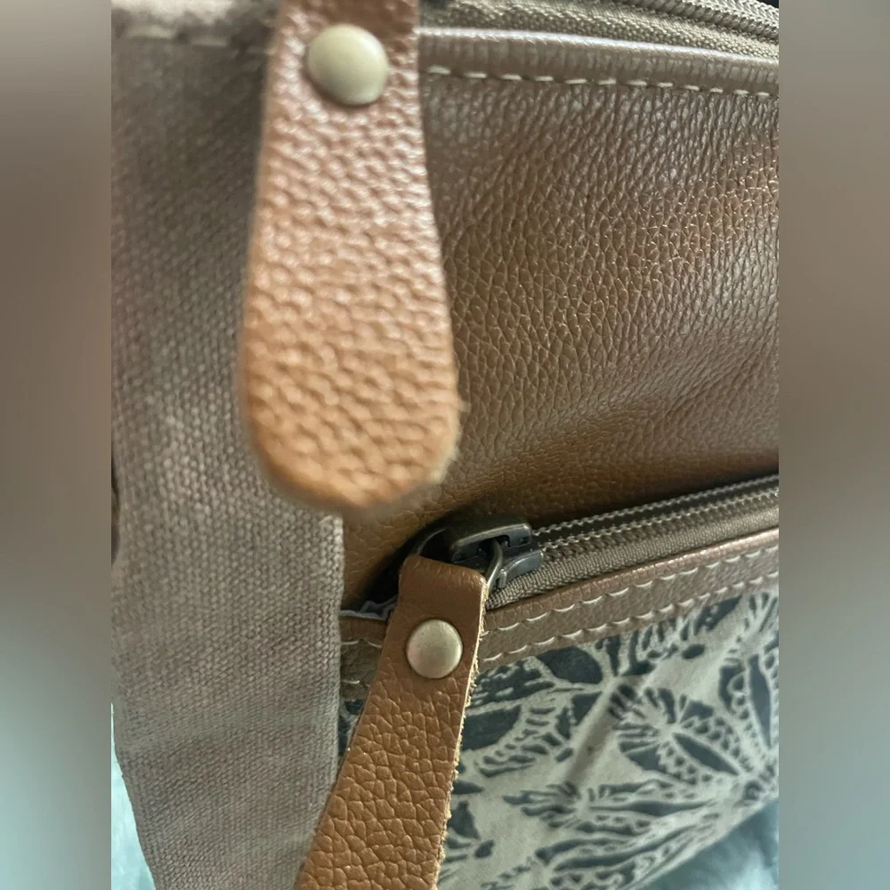 NWT Myra Bag Leather Brown and Tan Patterned w/ Canvas Crossbody Bag - Picture 9 of 9
